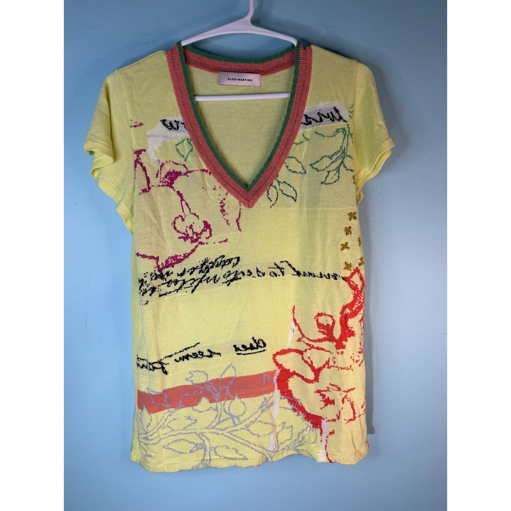 Aldo Martins top yellow V-neckline pink and green bamboo/cotton Medium